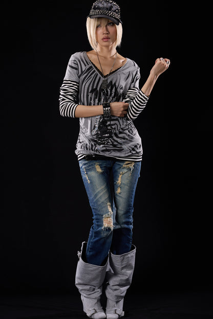 Zebra Print Layered-Look Long Sleeve T-Shirt