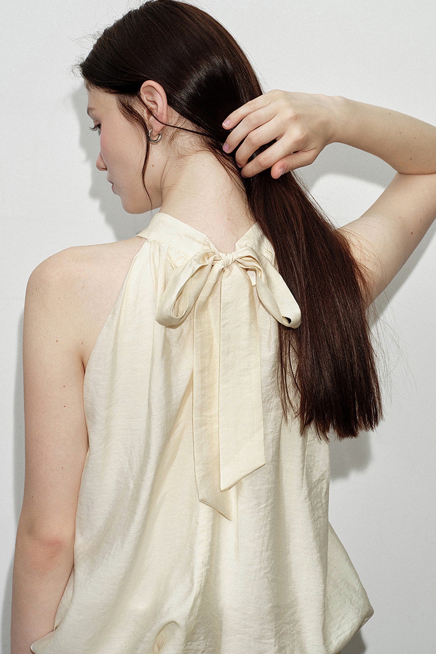 Beige Lyocell Halter Neck Lace Trim Dress