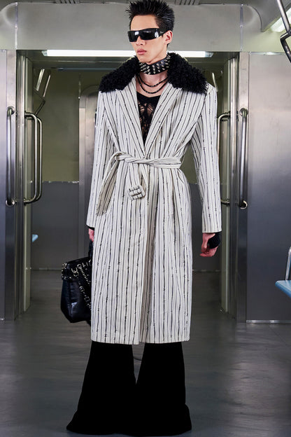 Patchwork Stripe Fur Collar Coat