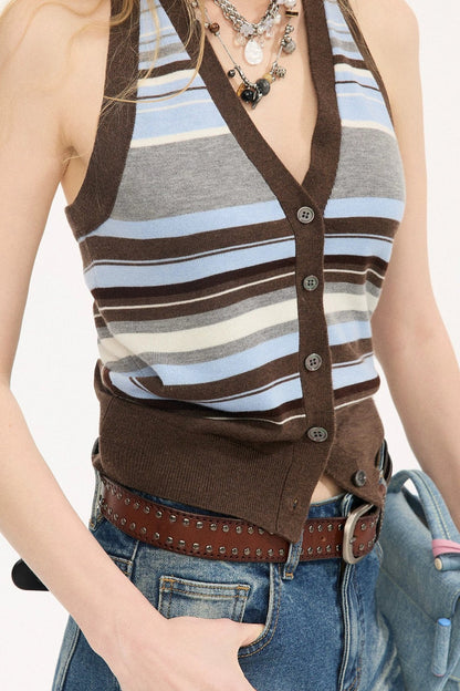 V-Neck Button Halter Vest