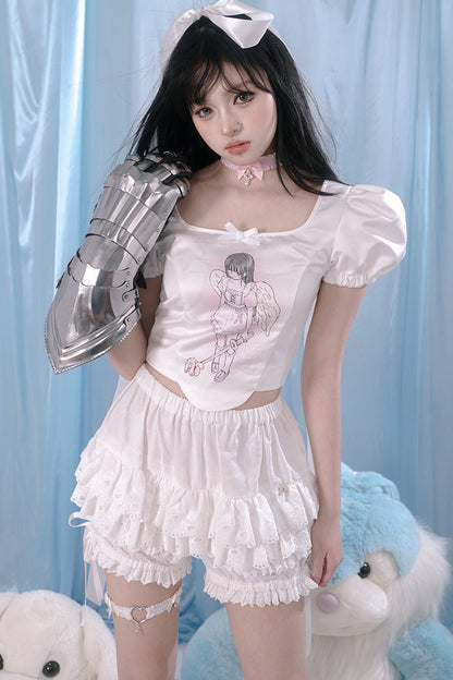 Blusa con stampa angeli e maniche a sbuffo