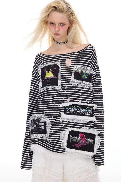 Rock Frog Striped Lace Trim T-Shirt