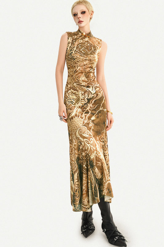 Luxurious Sleeveless Gold Cheongsam Fishtail Dress