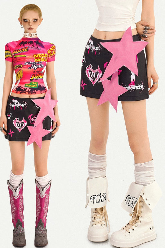 Cartoon Print Leather Skirt