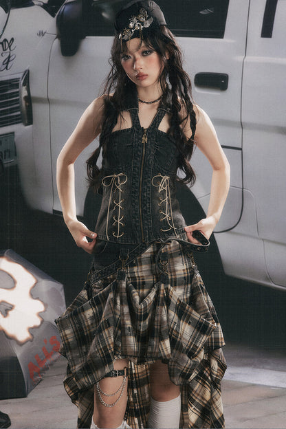 Retro Plaid Asymmetrical Denim Skirt
