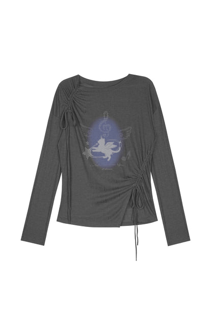 Gray Unicorn Drawstring Irregular T-shirt