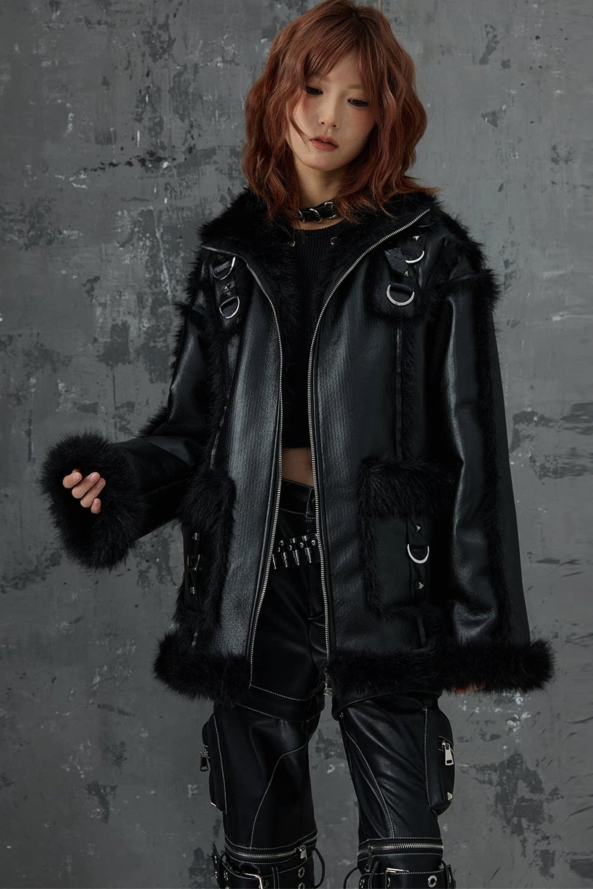 Dark Punk Metal Leather Fur Jacket