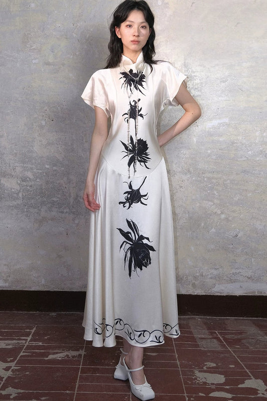 Satin Epiphyllum Print Qipao Dress