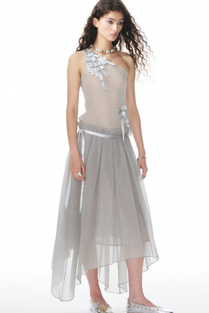 Satin Ribbon Knit Vest & Pleated Skirt Set