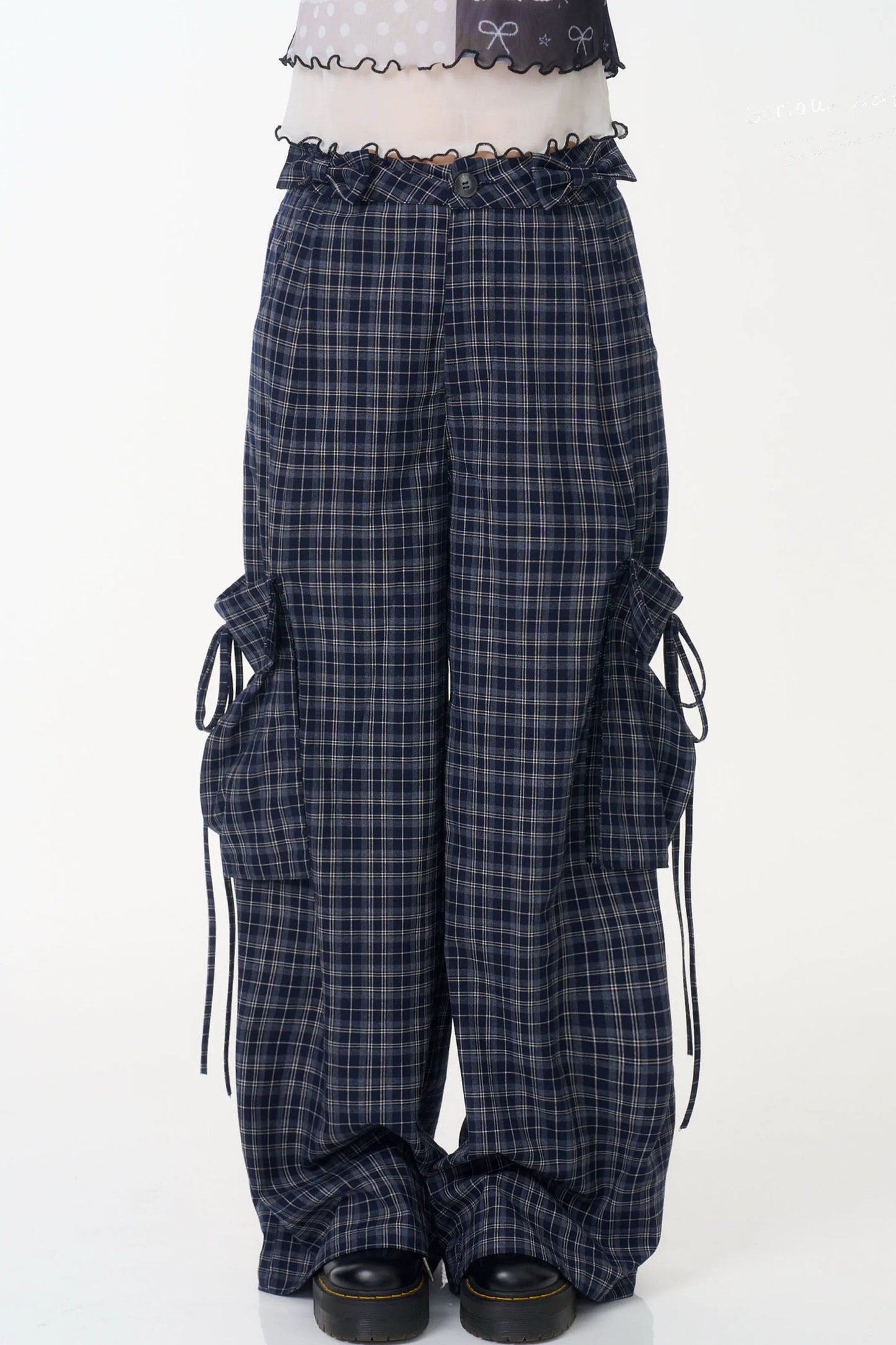 Dark Blue Plaid Wide-Leg Pants
