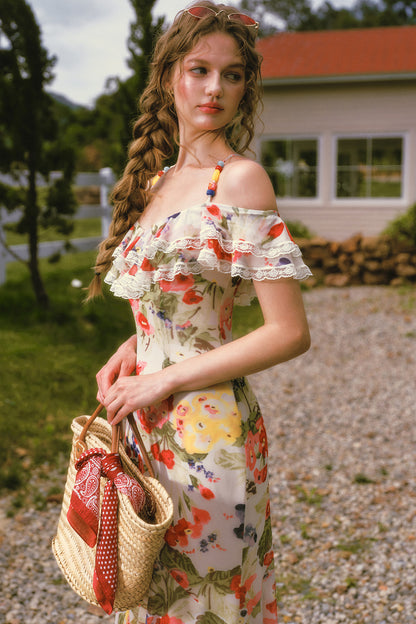 Floral Ruffled Elastic Mesh Long Dress