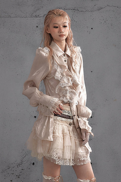 Ruffled Lace Patchwork Satin Blouse