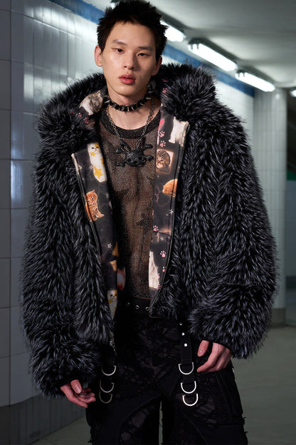 Cat Print Reversible Fur Coat