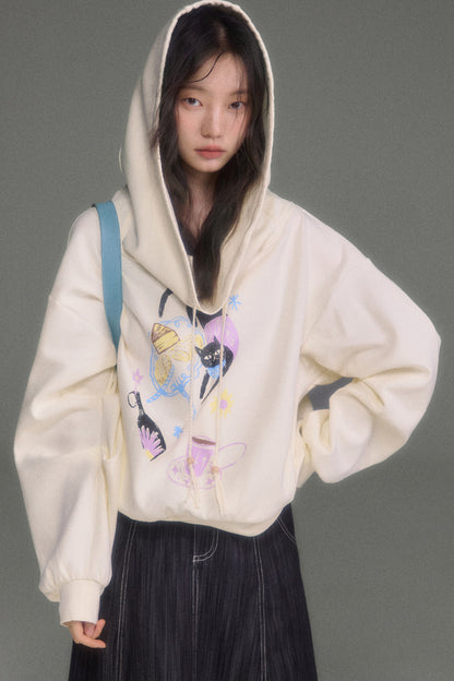 Cat Print Hooded Off-Shoulder Sweatshirt Shorts Set-Up