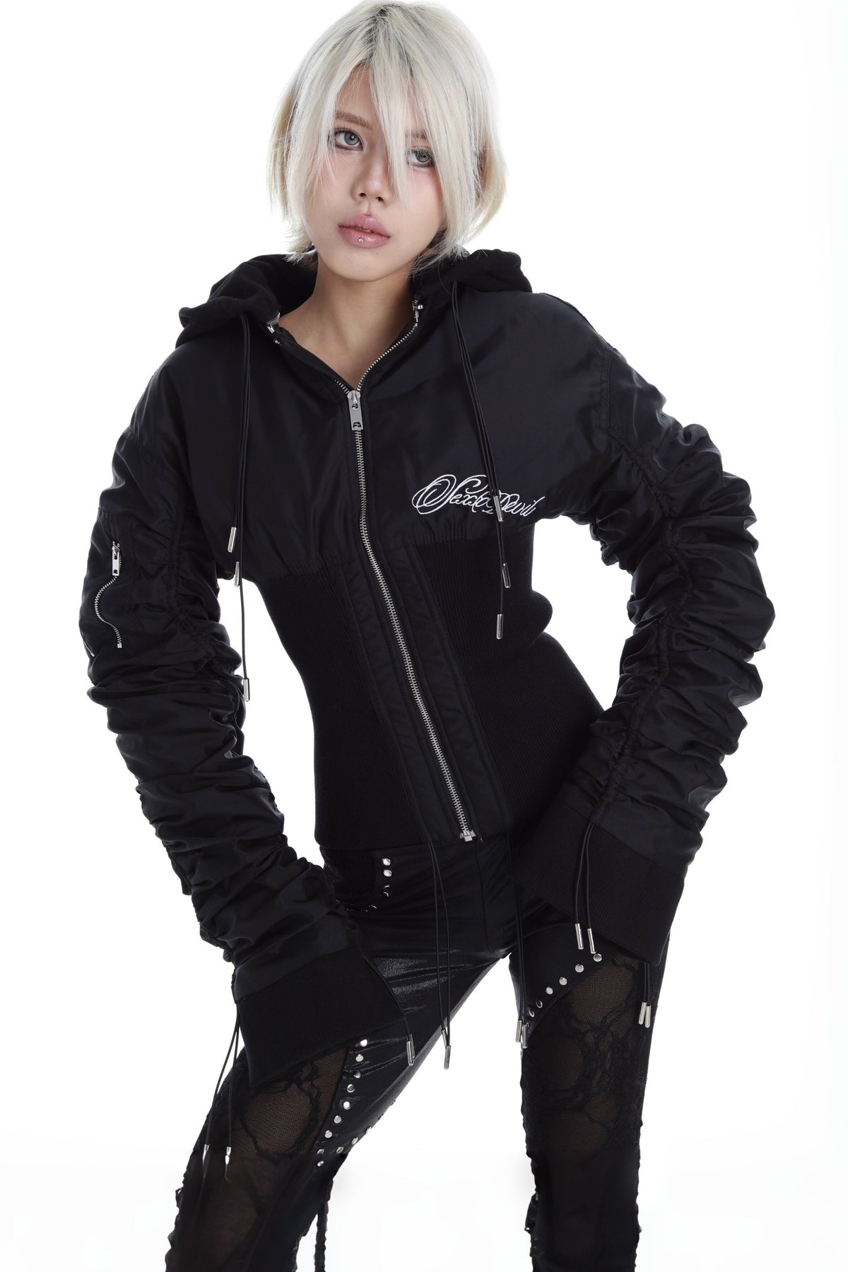 Ribbed Detachable Hood Tassel Jacket