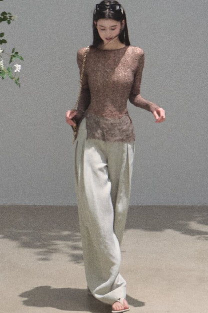 Goldene weite Seiden-Leinen-Hose