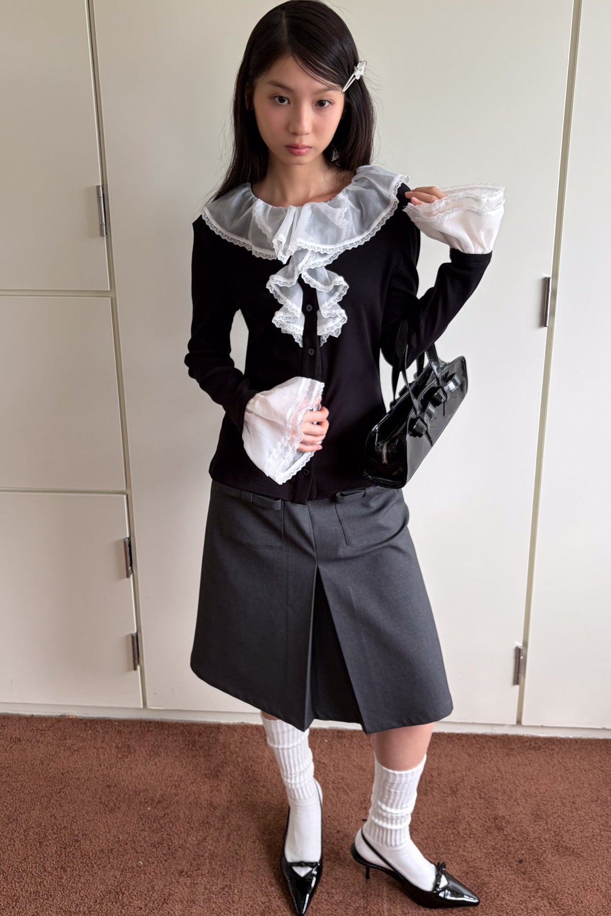 Lace Patchwork Ruffle Sleeve Cardigan