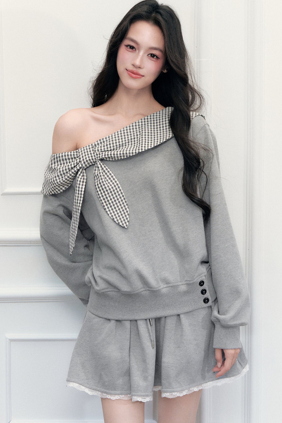 Off-Shoulder Plaid Patchwork Sweatshirt Skirt Set-Up