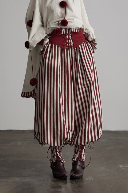 Red White Striped Lace-Up Lantern Pants