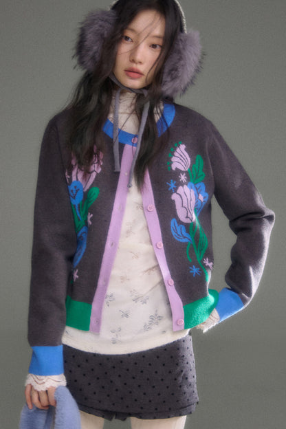 Nightingale Rose Bird Jacquard Knit Cardigan Vest and Skirt Set-Up
