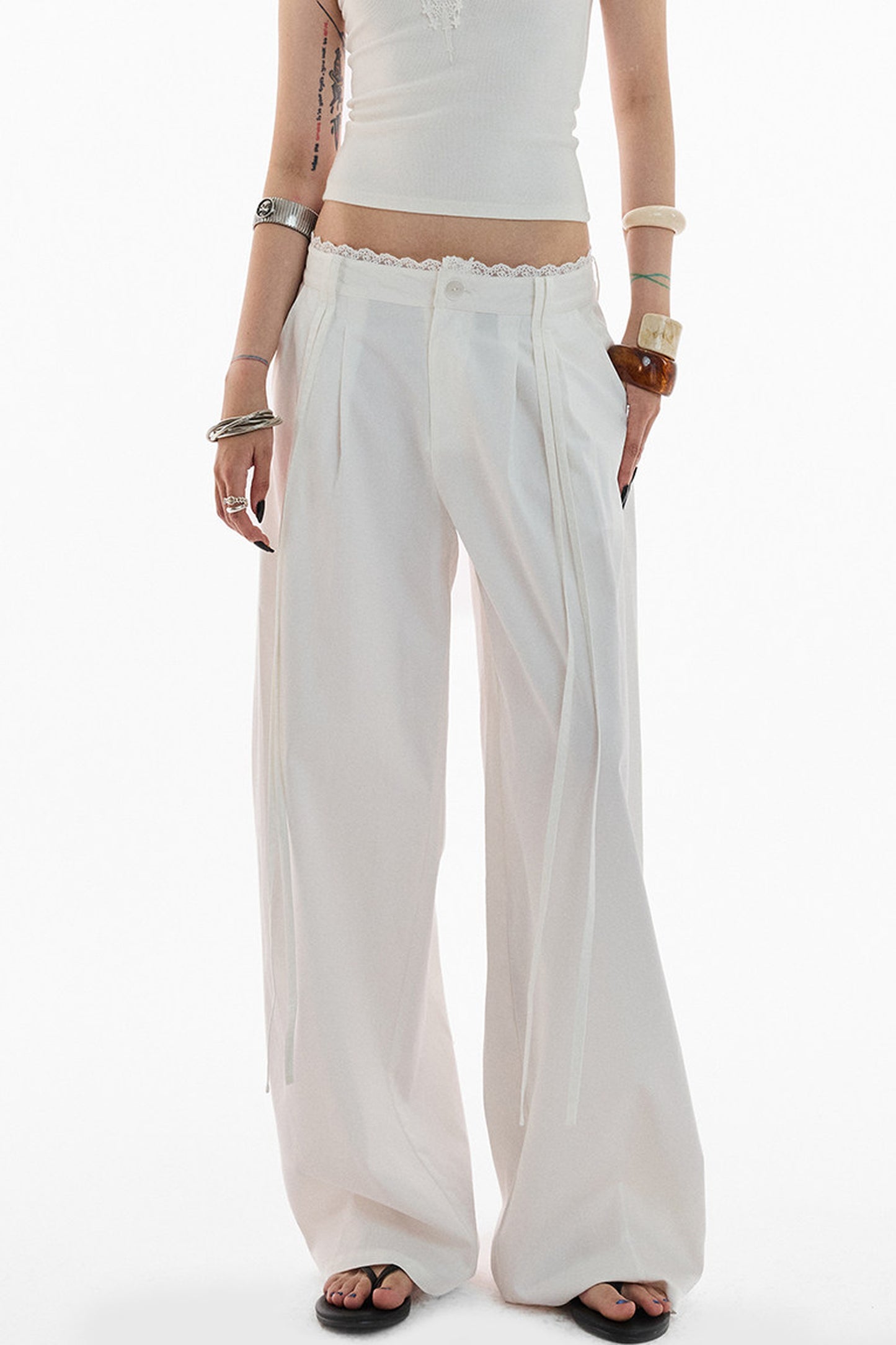Lace Trim Pima Cotton Wide Leg Pants