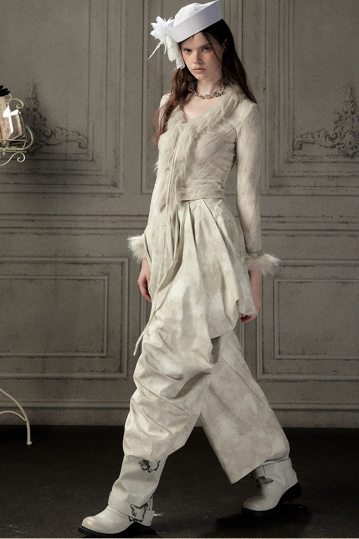Beige Asymmetrical Stacked Long Pants