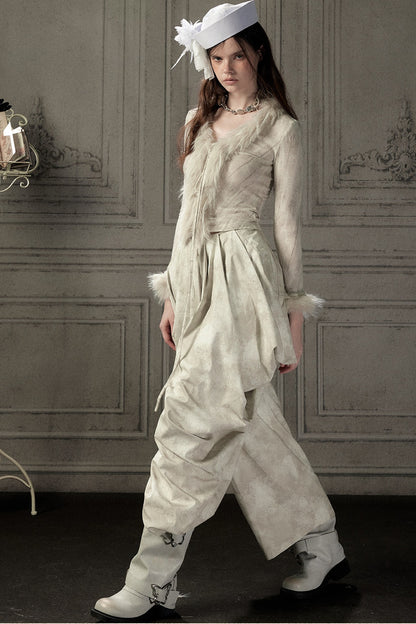 Beige Asymmetrical Stacked Long Pants