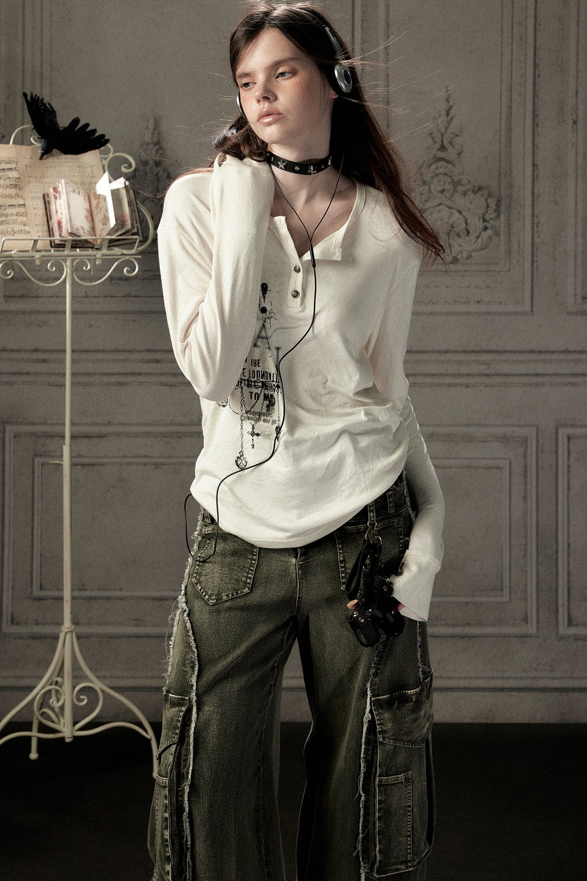 Beige Printed Long-Sleeved T-Shirt