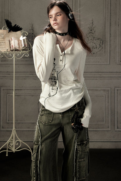 Beige Printed Long-Sleeved T-Shirt