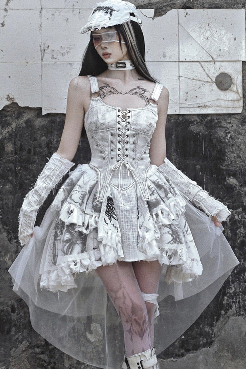 Distressed Suede Trailing Tie-Up Suspender Dress