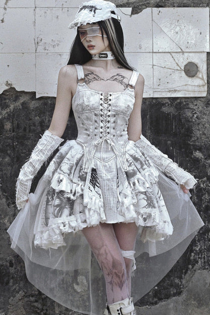 Distressed Suede Trailing Tie-Up Suspender Dress