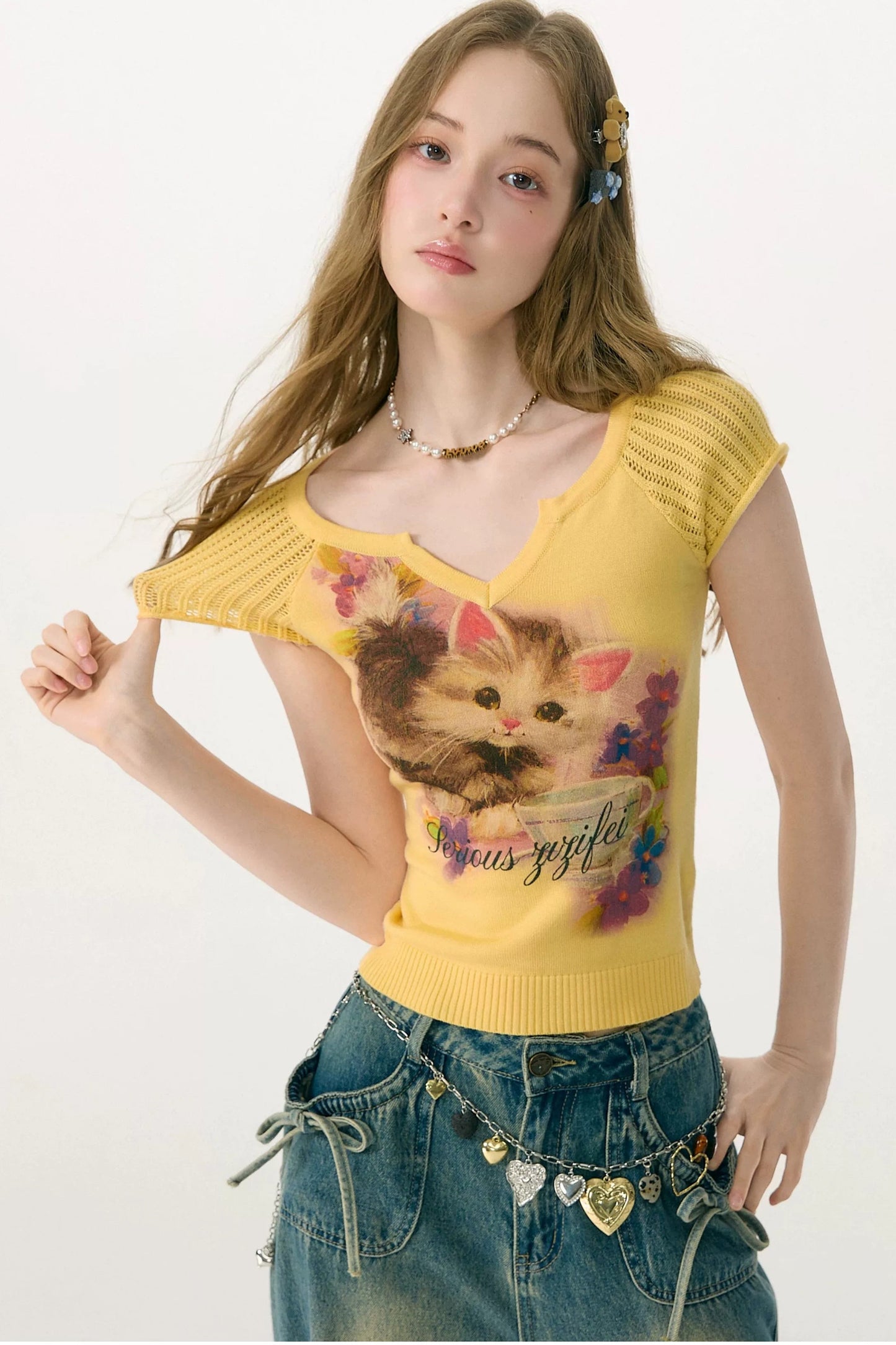 Warm Yellow Cat Print Knit T-Shirt