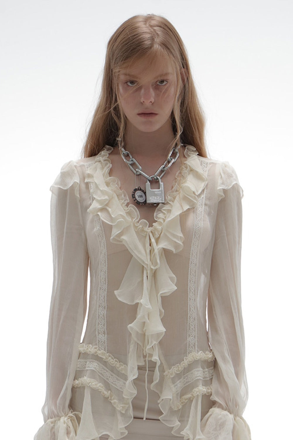 Crepe Ruffle Long-Sleeved Shirt