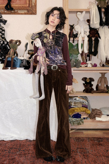 Mandarin Collar Velvet Long-Sleeve T-Shirt