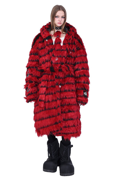 Oversized Silhouette Black Red Fur Coat