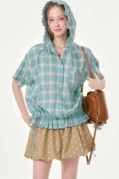 Sea Salt Plaid Hooded Blouse