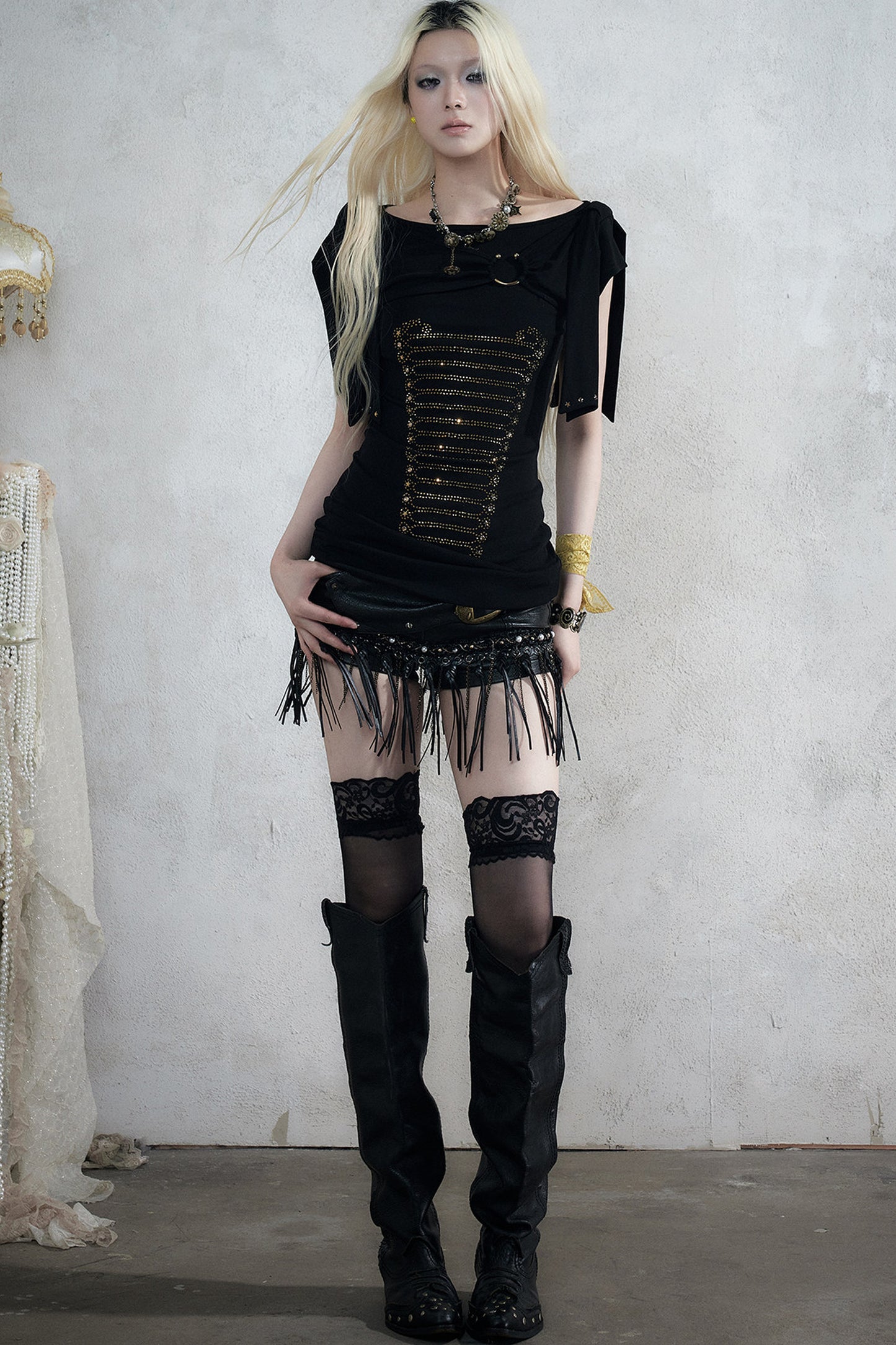 Rhinestone Corset Short-Sleeve Knit Dress