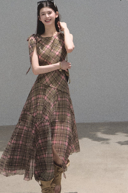 Off-Shoulder Plaid Irregular Tank Dress