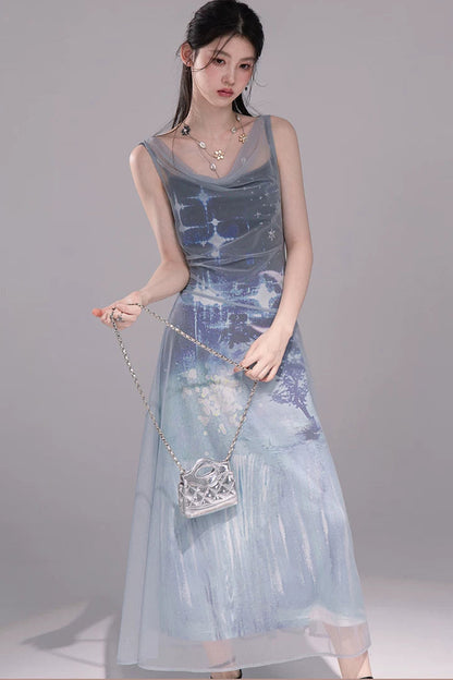 Galaxy Blue Knitted Mesh Dress