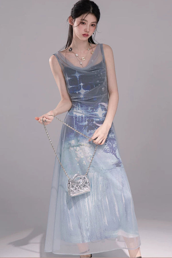 Galaxy Blue Knitted Mesh Dress