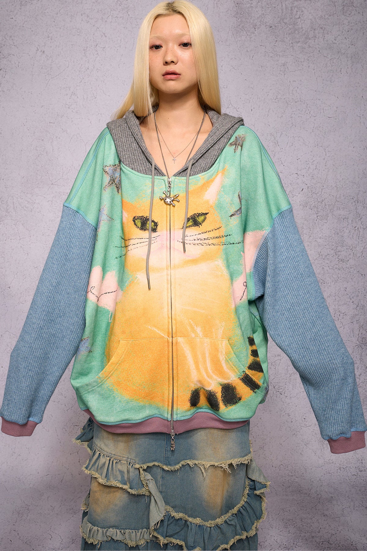 Cat Print Patchwork Sweatshirt Jacket