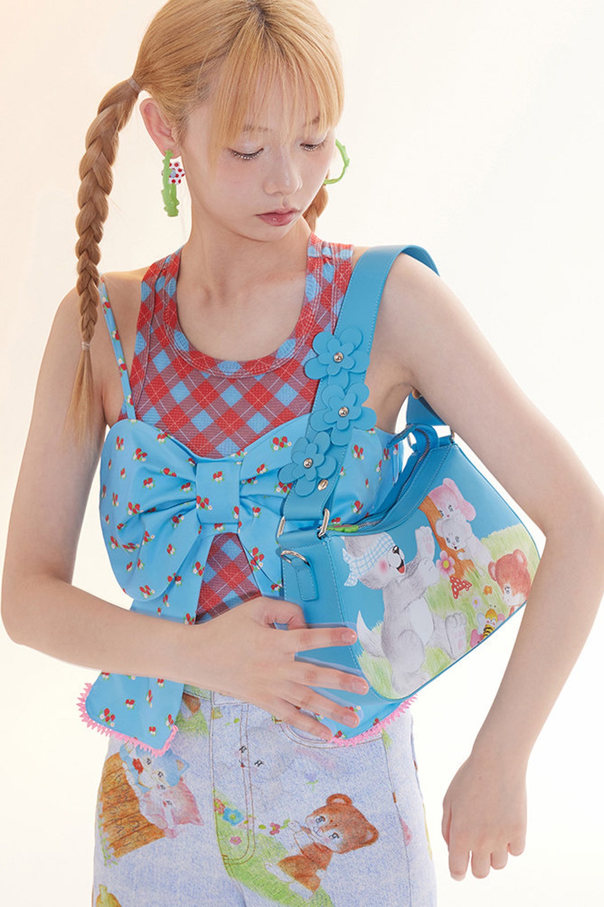 Blue Animal Illustration Flower Crossbody Bag