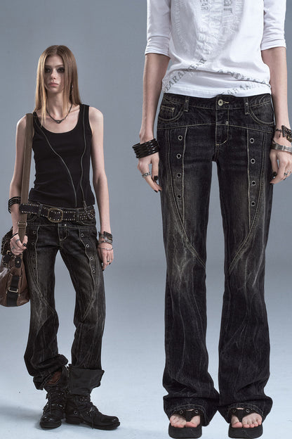 Washed Denim Flared Punk Pants