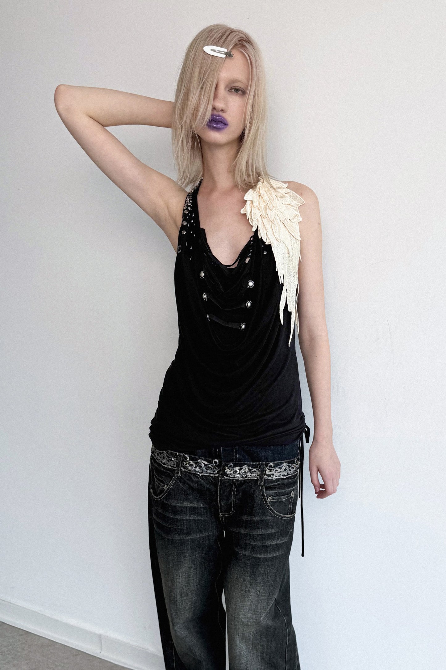 Scimitar-Cut Sequin Distressed Jeans
