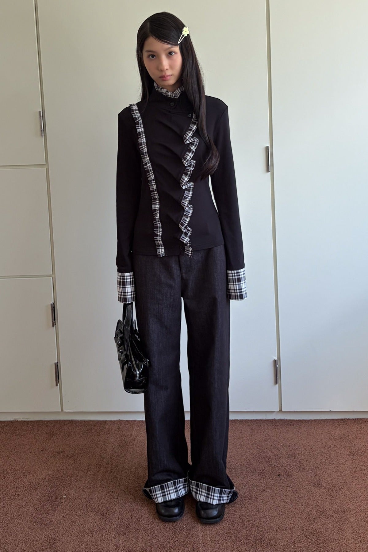 Plaid Ruffle Mock Collar Shirt