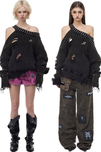 Black Metal Rivet Distressed Sweater