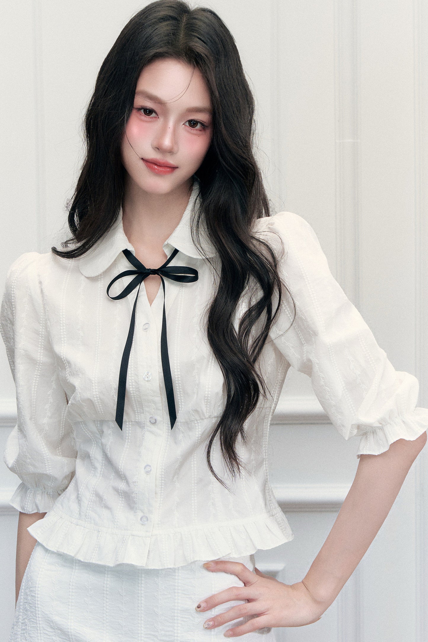 Doll Collar Preppy Blouse and Skirt Set-Up