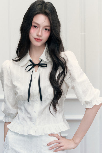 Doll Collar Preppy Blouse and Skirt Set-Up