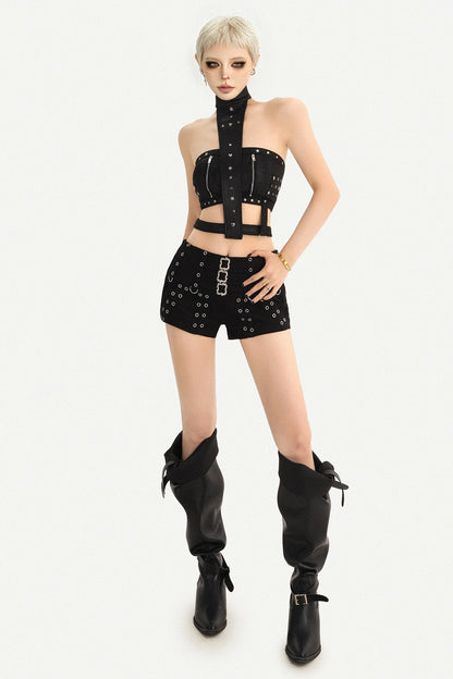 Rivet Zipper Halter Tube Top