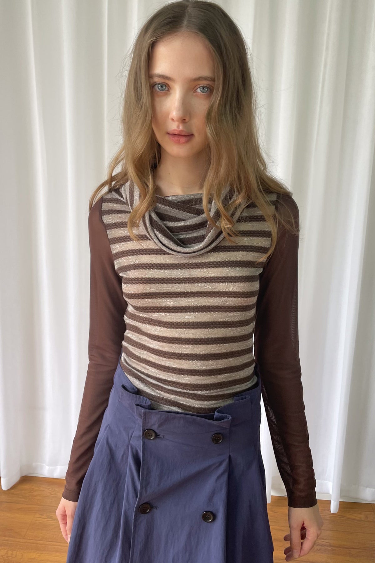 Spliced Striped Cowl Neck Long-Sleeve Blouse